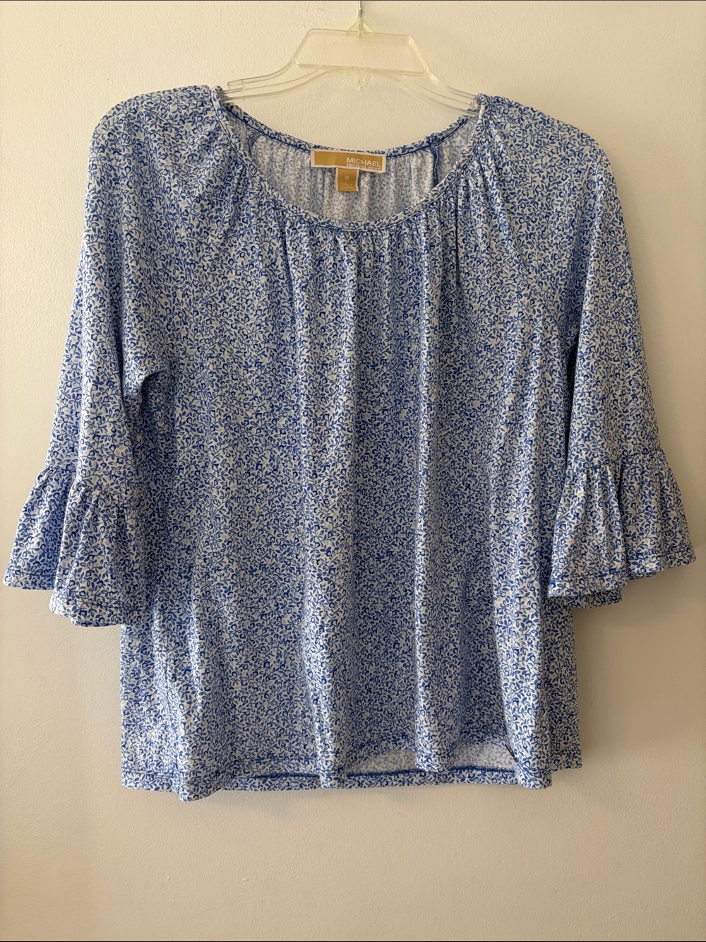Michael Kors Light Blue Floral Peasant Blouse with Ruffle Sleeves